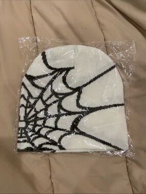 White Beanie with Black Spiderweb Knit Pattern